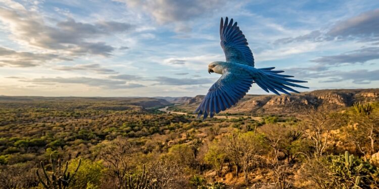 Ararinha-azul voando livre sobre a vegetação da Caatinga em Curaçá, na Bahia. - (Imagem gerada por inteligência artificial-ChatGPT/Olhar Digital)