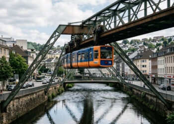 Uma cidade alemã mantém um trem pendurado sobre as ruas e o rio há mais de um século, com 13,3 quilômetros de trilhos suspensos e 20 estações