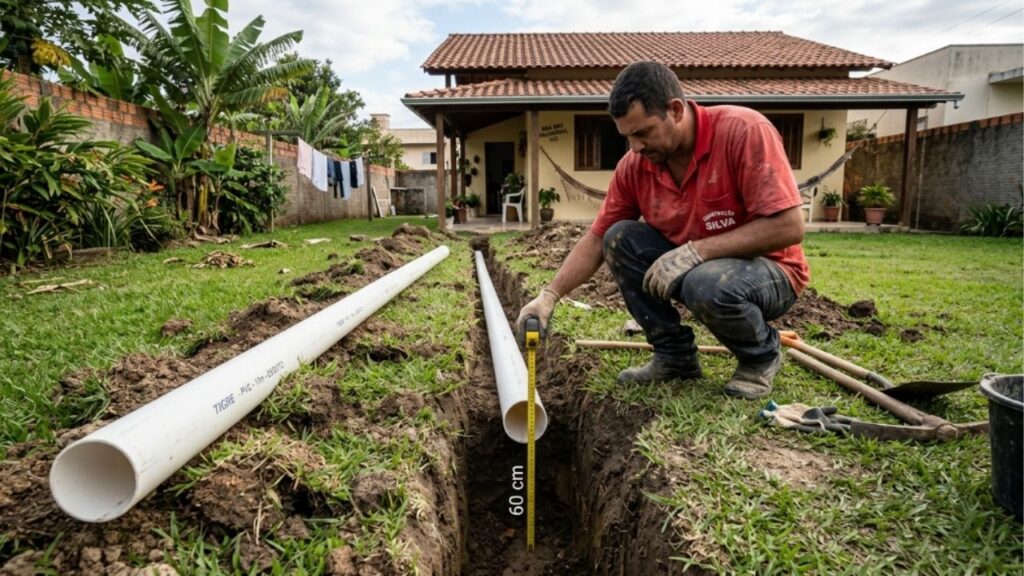 A gambiarra do tubo de PVC enterrado no quintal inspirada em um trocador de calor terra-ar: na proposta divulgada, o ar quente entra, percorre 10 metros de tubo a 60 centímetros de profundidade — onde o solo estaria a 22 °C — e pode sair até 8 °C mais frio, embora o resultado varie e o sistema possa precisar de ventilador
