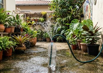 Garrafa PET na mangueira espalha a água no quintal