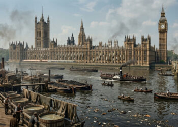 O fedor do rio Tâmisa em 1858 ficou tão insuportável que o Parlamento encharcou cortinas em cloro e acelerou o esgoto moderno de Londres