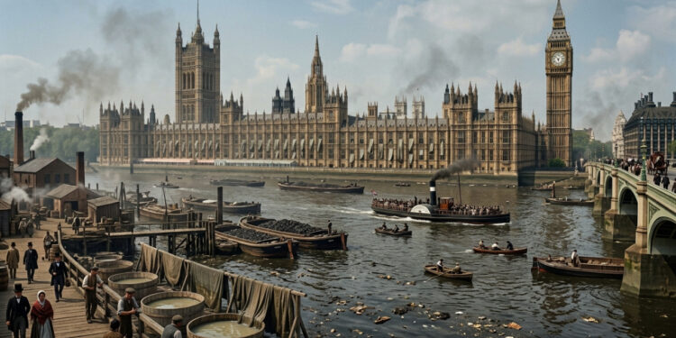 O fedor do rio Tâmisa em 1858 ficou tão insuportável que o Parlamento encharcou cortinas em cloro e acelerou o esgoto moderno de Londres