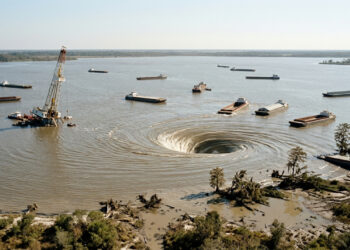 Uma perfuração de petróleo acertou uma mina de sal embaixo de um lago em 1980, e o lago começou a desaparecer num redemoinho que engoliu 11 barcaças