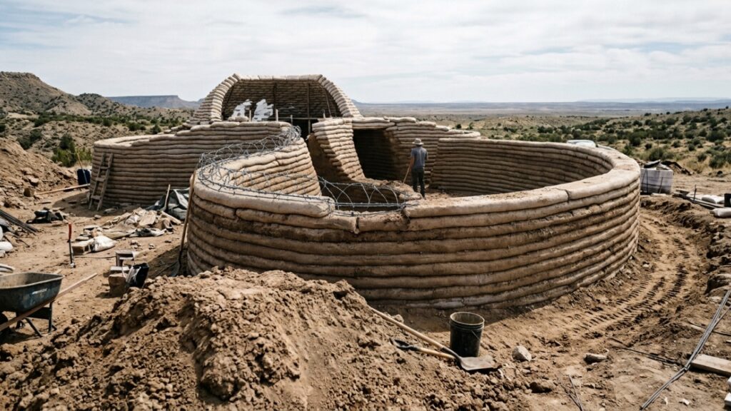 SuperAdobe usa terra ensacada e arame para formar paredes - Imagem ilustrativa criada por inteligência artificial (ChatGPT / Olhar Digital)