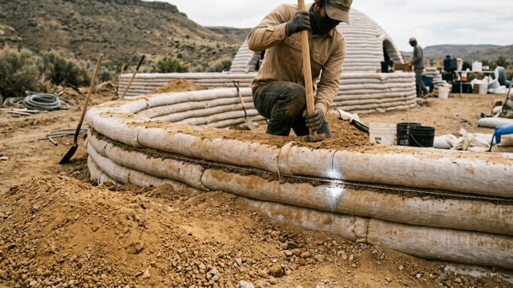 SuperAdobe usa terra ensacada e arame para formar paredes - Imagem ilustrativa criada por inteligência artificial (ChatGPT / Olhar Digital)
