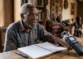Ancião africano tem seu relato registrado por um gravador digital ao lado de um caderno com anotações.