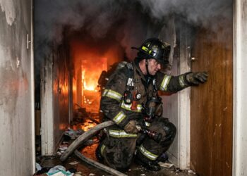 Bombeiro combate um incêndio em corredor residencial com muita fumaça, diante de uma porta de quarto fechada que ajuda a proteger o ambiente interno. - (Imagem gerada por inteligência artificial-ChatGPT/Olhar Digital)