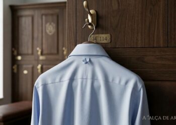 Camisa social azul pendurada pela pequena alça nas costas em um gancho de vestiário. - (Imagem gerada por inteligência artificial-ChatGPT/Olhar Digital)