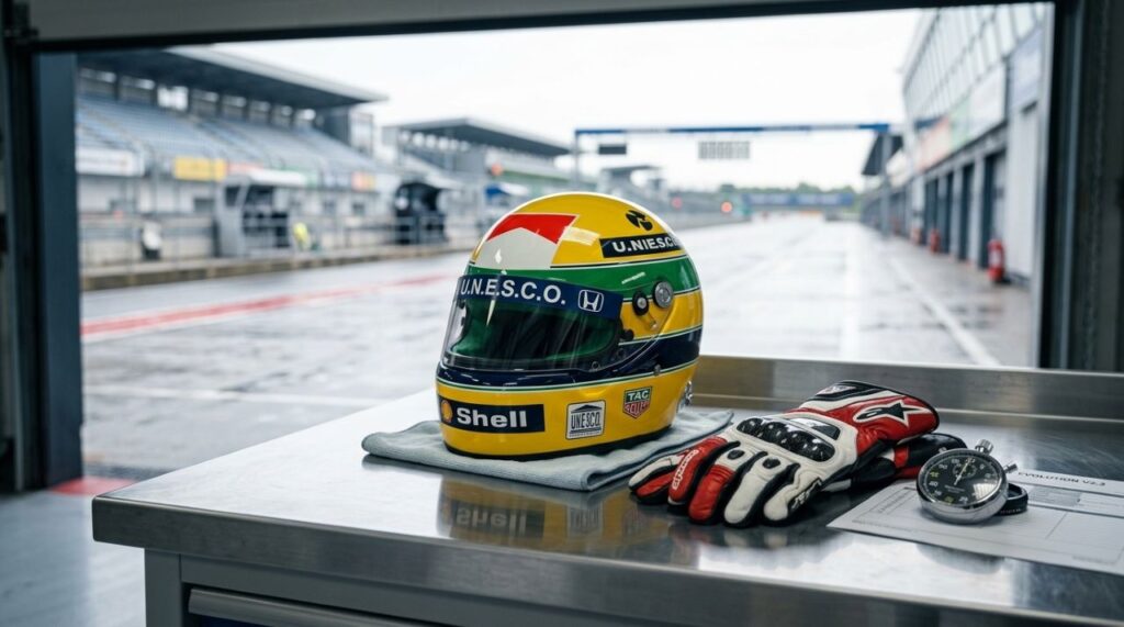 Capacete amarelo de automobilismo sobre bancada com luvas e cronômetro, simbolizando preparação, disciplina e melhoria contínua.