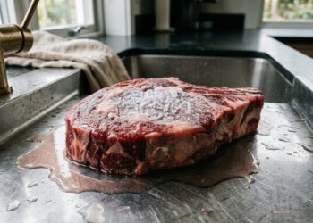 Carne bovina parcialmente congelada descongelando diretamente sobre a pia de uma cozinha. - (Imagem gerada por inteligência artificial-ChatGPT/Olhar Digital)