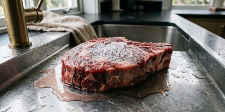 Carne bovina parcialmente congelada descongelando diretamente sobre a pia de uma cozinha. - (Imagem gerada por inteligência artificial-ChatGPT/Olhar Digital)