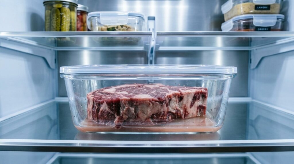 Carne bovina descongelando em recipiente fechado na prateleira inferior da geladeira. - (Imagem gerada por inteligência artificial-ChatGPT/Olhar Digital)
