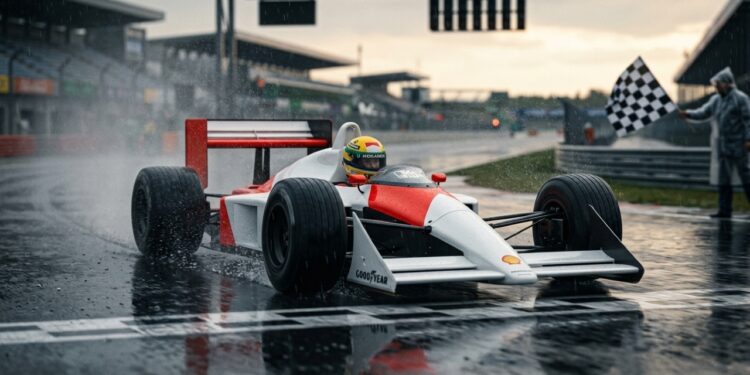 Carro de Fórmula 1 clássico cruzando a linha de chegada em pista molhada, representando dedicação, alto desempenho e vitória.
