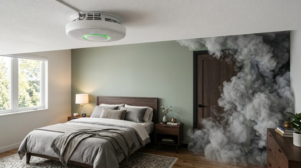 Detector de fumaça em destaque no teto de um quarto moderno, com a porta fechada ao fundo e leve fumaça no corredor externo. - (Imagem gerada por inteligência artificial-ChatGPT/Olhar Digital)