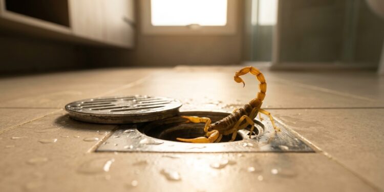 Escorpião-amarelo saindo de um ralo no piso de um banheiro residencial. - (Imagem gerada por inteligência artificial-ChatGPT/Olhar Digital)