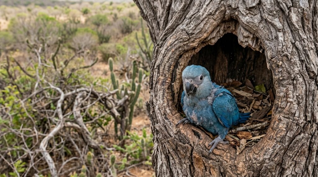 Filhote de ararinha-azul em um ninho natural no tronco de uma árvore da Caatinga. - (Imagem gerada por inteligência artificial-ChatGPT/Olhar Digital) 
