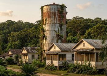 Construções históricas de Fordlândia cercadas pela Floresta Amazônica, com antiga caixa-d’água e arquitetura de estilo norte-americano no Pará.