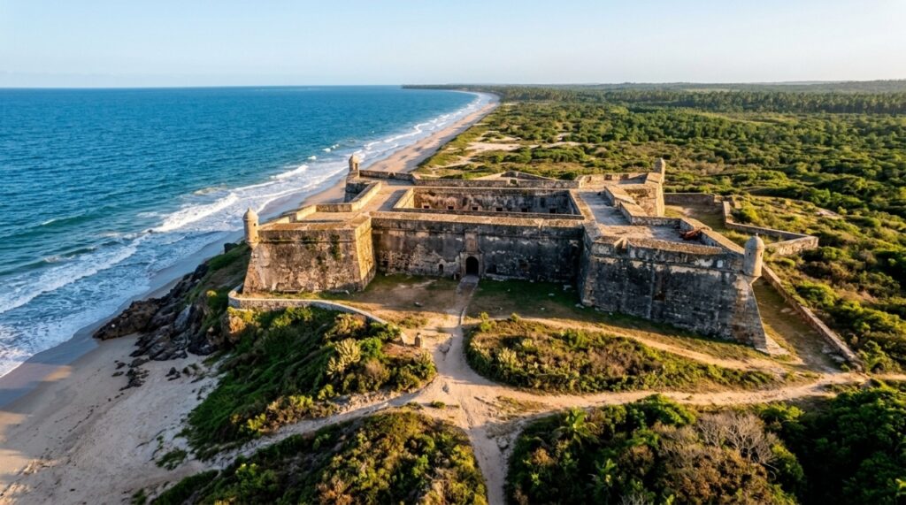 Forte colonial de pedra cercado por vegetação de restinga diante do oceano Atlântico no litoral brasileiro. - (Imagem gerada por inteligência artificial-ChatGPT/Olhar Digital)