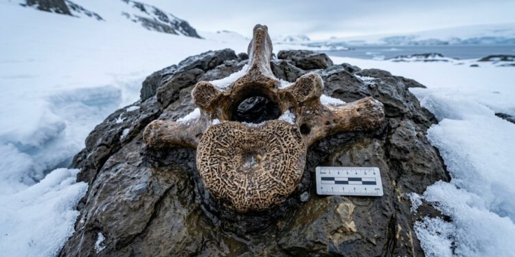 Vértebra fossilizada de titanossauro parcialmente exposta em rocha na Ilha James Ross, Antártida, cercada por neve e gelo.