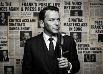 Frank Sinatra diante de um microfone clássico, com jornais ao fundo representando críticas da imprensa e sua intensa exposição pública. - (Imagem gerada por inteligência artificial-ChatGPT/Olhar Digital)