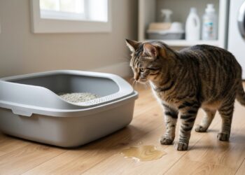 Gato doméstico ao lado de uma caixa de areia limpa e uma pequena poça de urina no piso.