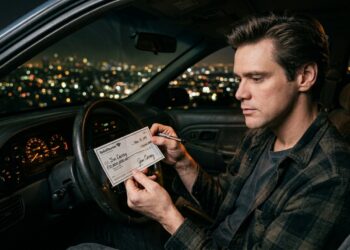 Representação hiper-realista de Jim Carrey jovem dentro de um carro em Los Angeles segurando um cheque simbólico de US$ 10 milhões. - (Imagem gerada por inteligência artificial-ChatGPT/Olhar Digital)