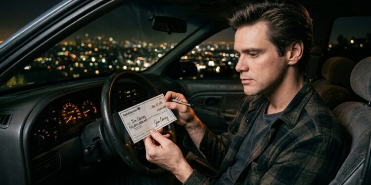 Representação hiper-realista de Jim Carrey jovem dentro de um carro em Los Angeles segurando um cheque simbólico de US$ 10 milhões. - (Imagem gerada por inteligência artificial-ChatGPT/Olhar Digital)