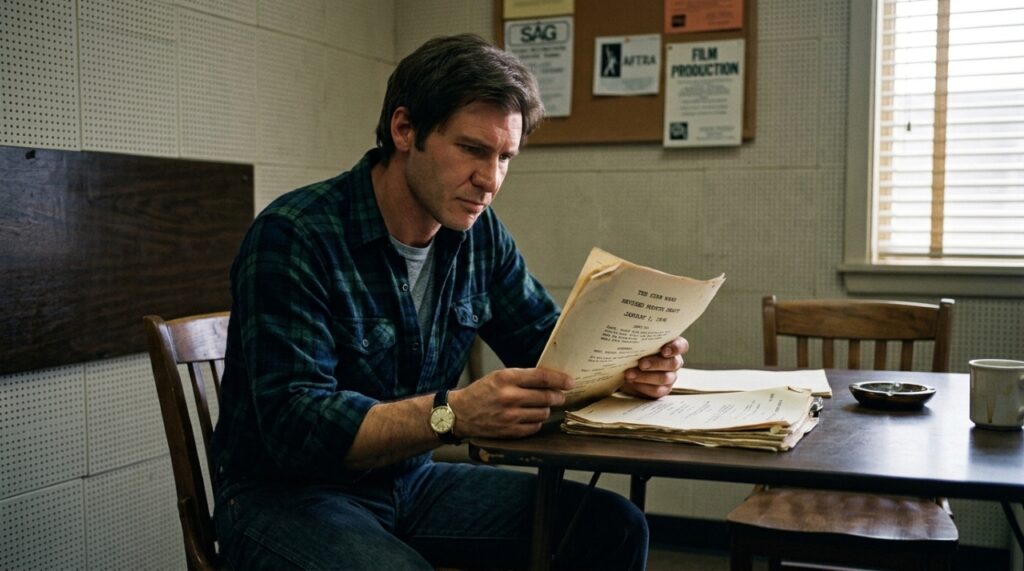 Representação de Harrison Ford jovem lendo um roteiro durante um teste de elenco em Hollywood nos anos 1970. - (Imagem gerada por inteligência artificial-ChatGPT/Olhar Digital) 
