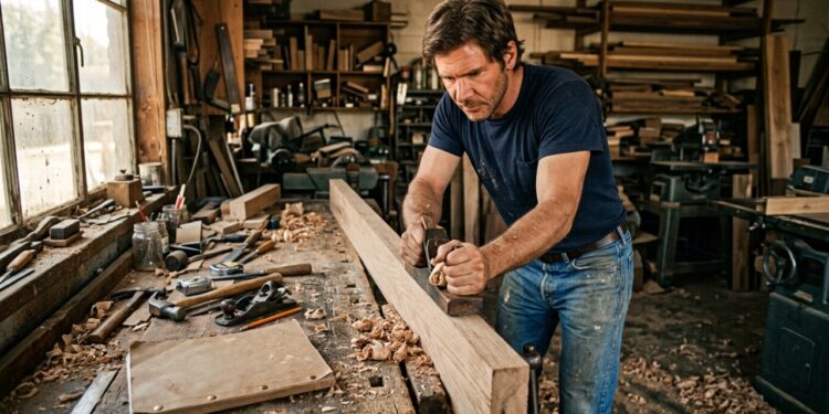 Antes de alcançar fama mundial, Harrison Ford conciliava pequenos trabalhos como ator com a carpintaria para sustentar sua família. - (Imagem gerada por inteligência artificial-ChatGPT/Olhar Digital)