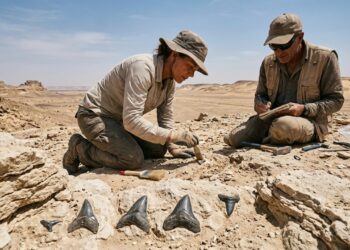 Fósseis de tubarões revelam um antigo mar tropical no deserto egípcio - Imagem criada por inteligência artificial (ChatGPT / Olhar Digital)