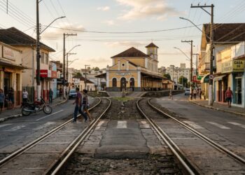Trilhos marcam a fronteira entre Santa Catarina e Paraná em Porto União - Imagem criada por inteligência artificial (ChatGPT / Olhar Digital)
