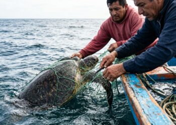 A tartaruga-verde presa em uma rede de pesca por horas foi solta por pescadores e permaneceu na superfície ao lado do barco antes de mergulhar