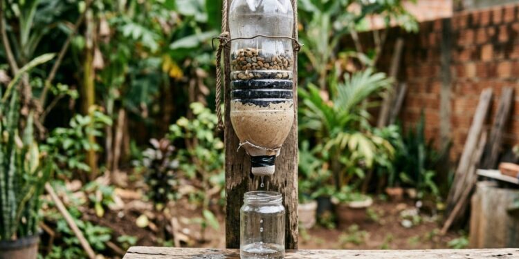 A gambiarra com garrafa pet furada e areia grossa que vira filtro de água de chuva em 10 minutos, economizando até 40% da conta de rega no quintal sem gastar com cisterna