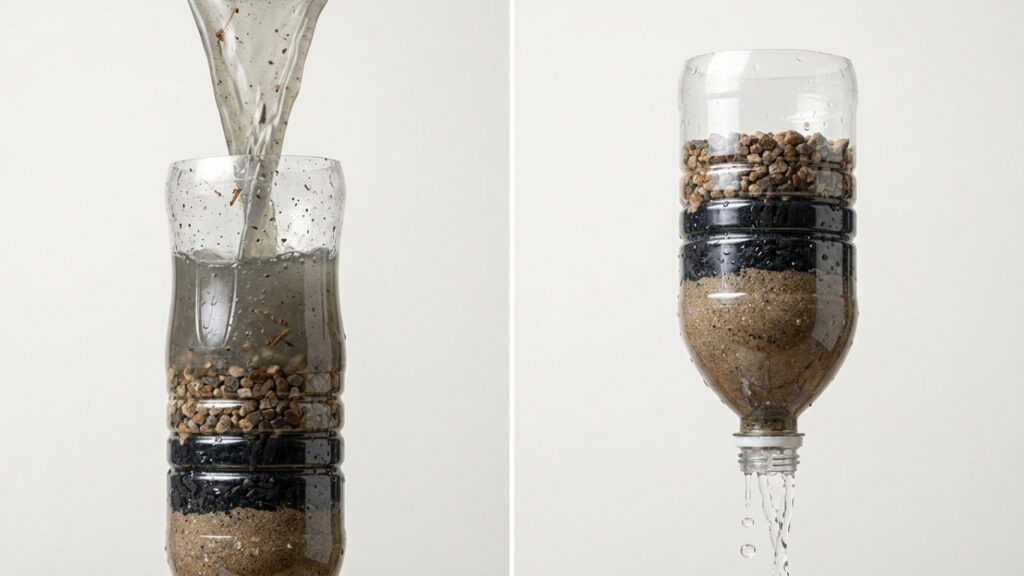 A gambiarra com garrafa pet furada e areia grossa que vira filtro de água de chuva em 10 minutos, economizando até 40% da conta de rega no quintal sem gastar com cisterna