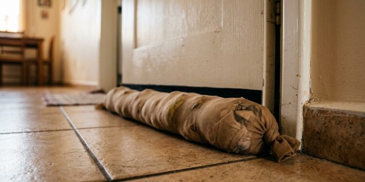 A gambiarra com uma meia-calça velha recheada de retalhos que vira uma barreira para bloquear a corrente de ar que passa por baixo da porta