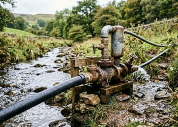 A gambiarra com bomba de aríete ligada a uma corrente de água que funciona como bomba automática caseira: o fluxo fecha uma válvula bruscamente, o golpe de aríete cria pressão e parte da água consegue subir para um reservatório sem eletricidade nem combustível