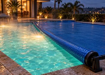 Cobrir a piscina reduz perdas de calor e economiza até 70% de energia - Imagem criada por inteligência artificial (ChatGPT / Olhar Digital)