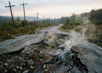 Estrada abandonada e rachada em Centralia, Pensilvânia, com vapor emergindo de fissuras provocadas pelo incêndio subterrâneo. - (Imagem gerada por inteligência artificial-ChatGPT/Olhar Digital)