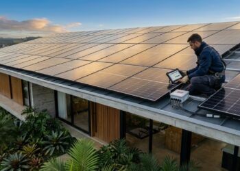 Residência brasileira com painéis solares fotovoltaicos instalados no telhado e técnico realizando inspeção do sistema. - (Imagem gerada por inteligência artificial-ChatGPT/Olhar Digital)