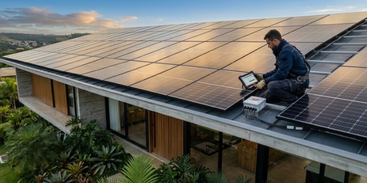 Residência brasileira com painéis solares fotovoltaicos instalados no telhado e técnico realizando inspeção do sistema. - (Imagem gerada por inteligência artificial-ChatGPT/Olhar Digital)