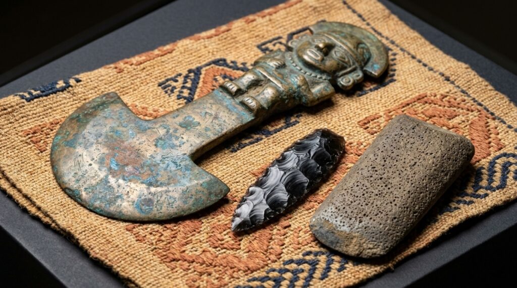 Instrumentos antigos de bronze, obsidiana e pedra representando ferramentas utilizadas em procedimentos no Peru pré-colombiano. - (Imagem gerada por inteligência artificial-ChatGPT/Olhar Digital)