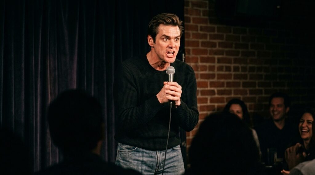 Representação de Jim Carrey jovem apresentando stand-up em um pequeno clube de comédia de Los Angeles. - (Imagem gerada por inteligência artificial-ChatGPT/Olhar Digital)