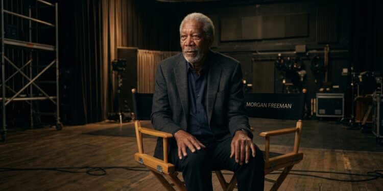 Morgan Freeman sentado em uma cadeira de diretor em um estúdio de cinema, com expressão serena e postura tranquila.