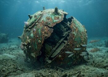 Munição naval antiga e enferrujada no fundo do Mar Báltico, parcialmente enterrada no sedimento e cercada por água azul-esverdeada.