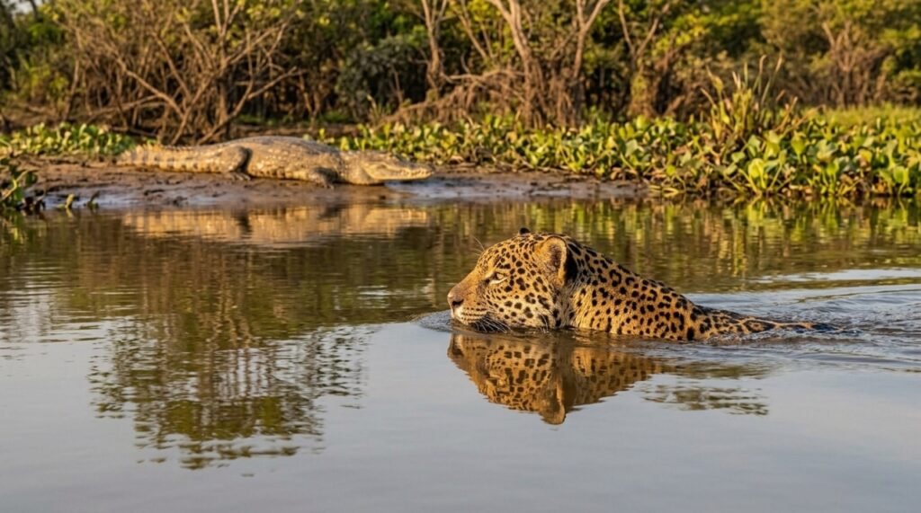 Onça-pintada nadando em rio do Pantanal enquanto se aproxima de um jacaré na margem.