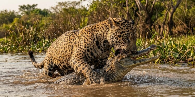 Onça-pintada mordendo a cabeça de um jacaré em um rio do Pantanal.