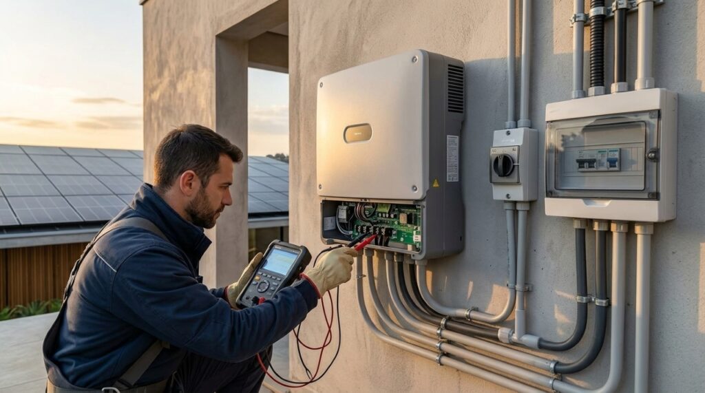 Técnico verificando o inversor e os componentes elétricos de um sistema de energia solar residencial. - (Imagem gerada por inteligência artificial-ChatGPT/Olhar Digital)