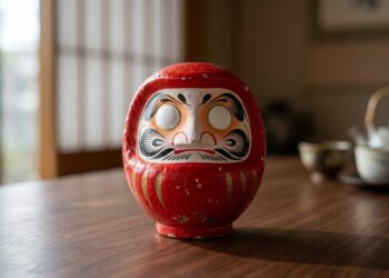 Boneco Daruma japonês vermelho em pé sobre mesa de madeira, símbolo de perseverança e resiliência.