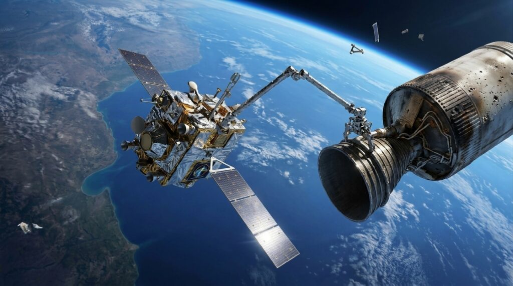 Satélite com braço robótico capturando um fragmento de foguete na órbita da Terra.