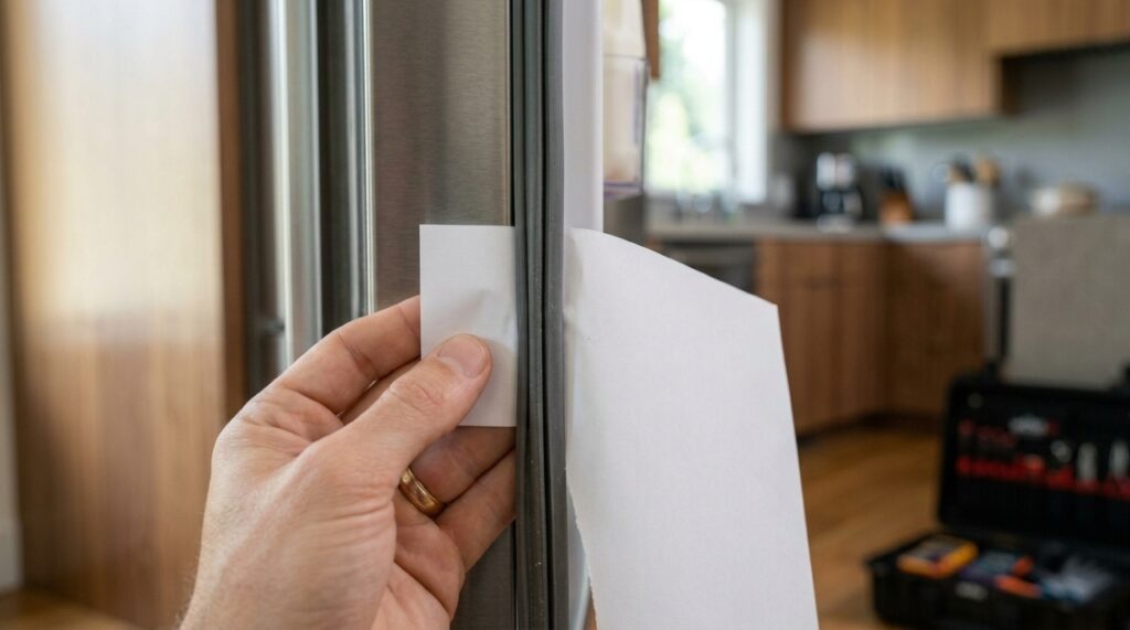 Teste com folha de papel para verificar a vedação da borracha da porta da geladeira. - (Imagem gerada por inteligência artificial-ChatGPT/Olhar Digital)